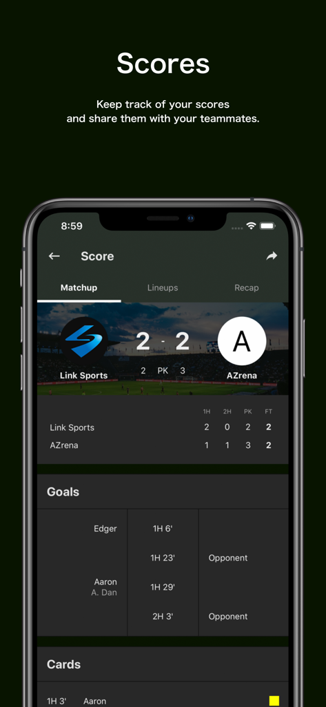 TeamHub - Manage Sports Teams - Mobile screen of TeamHub app showing live game scores and goal statistics for a sports team