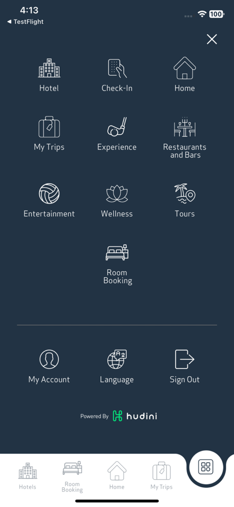 PAM Hotels mobile App Hauptmenü-Oberfläche mit Symbolen für Hotel-Check-in-Zimmerservice und Wellness