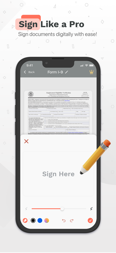 「ここをクリック」というプロンプトと編集ツールが表示された書類にデジタル署名機能を示すPDFスキャナーアプリのインターフェース。