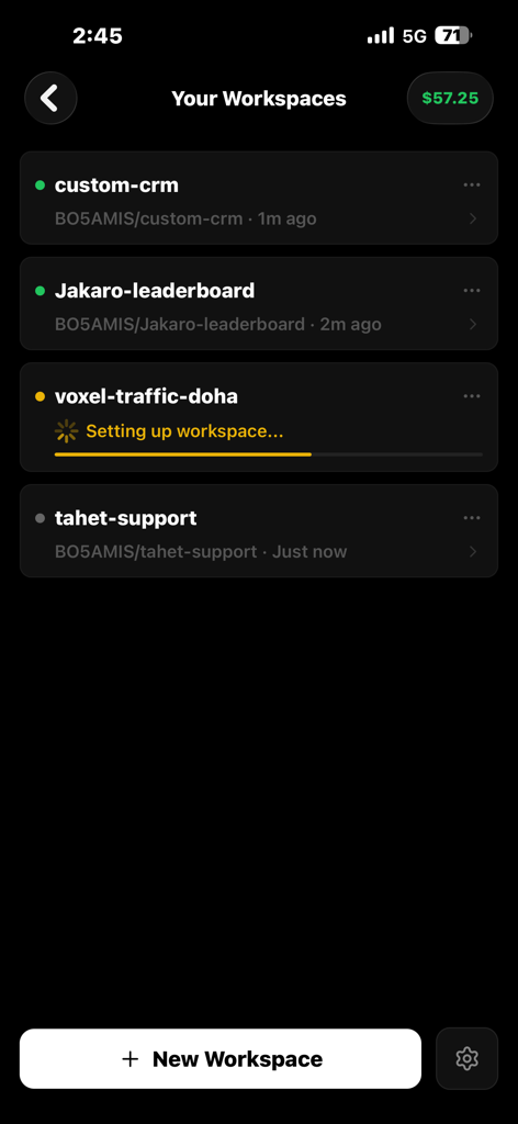 Sifr IDE - A mobile interface for Sifr IDE showing a list of development workspaces like custom-crm and a setup in progress for voxel-traffic-doha.