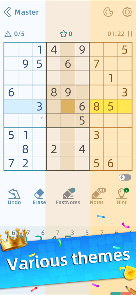 Sudoku - Aged Studio - Una pantalla de juego de Sudoku de Aged Studio que muestra un puzle de nivel Maestro con diferentes temas de colores y herramientas de juego.