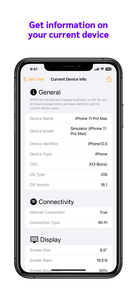 Dev Utils app interface showing detailed iPhone hardware and software specifications