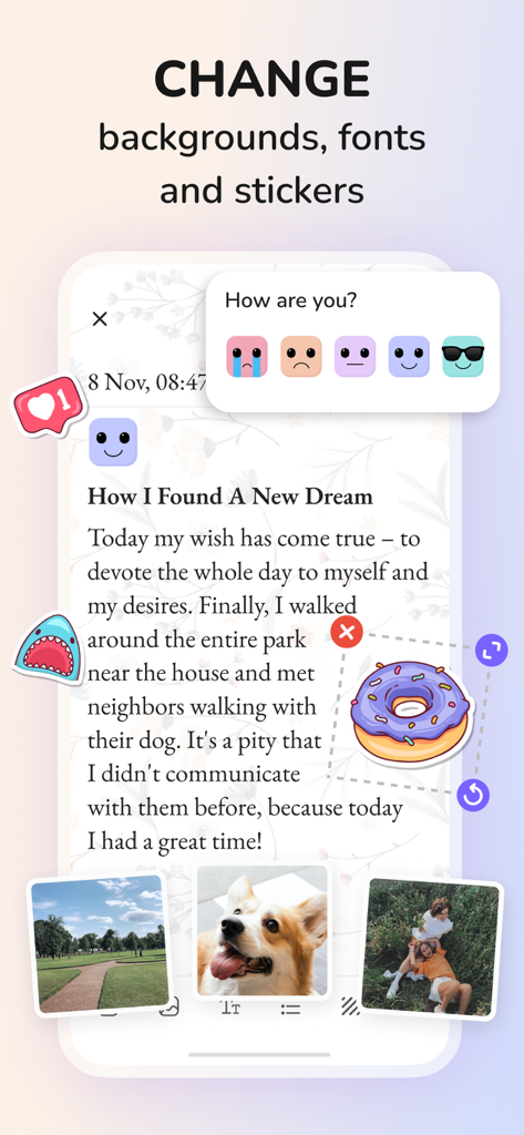 Daily Journal: Diary with Lock - カスタマイズに使用されるさまざまなステッカー、背景パターン、気分絵文字、および個人用写真を示す、ロック付き日記アプリの日記エントリ