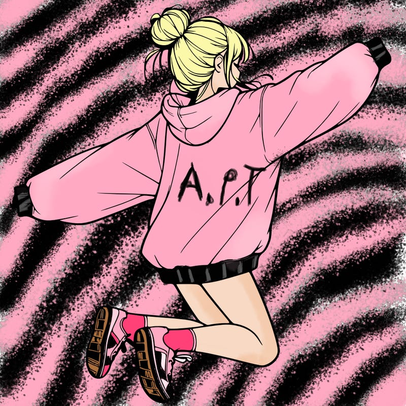 realistic girl jumping with a bun and oversized sweatshirt