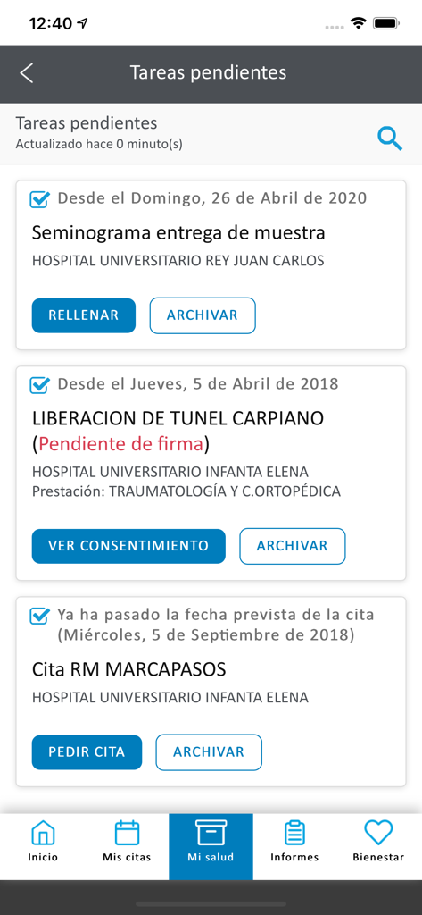 H.U Rey Juan Carlos - Pending tasks screen of the H.U. Rey Juan Carlos mobile app displaying medical notifications and appointments.