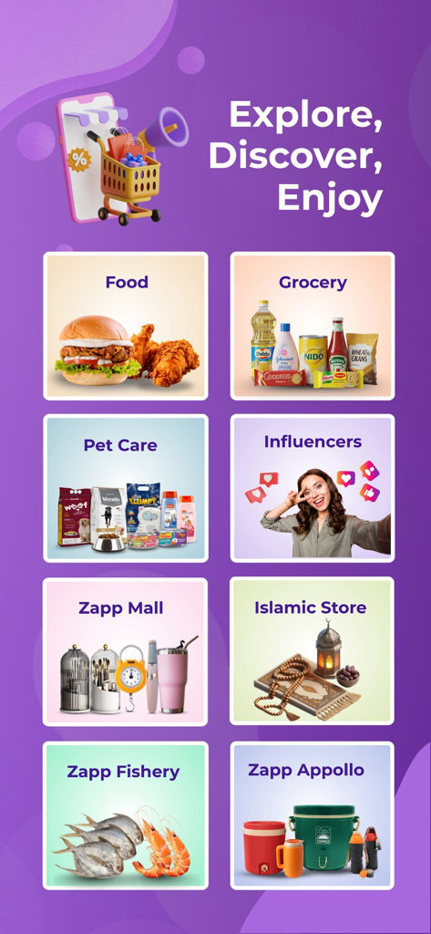 Zapp - Shop Anytime Anywhere - Zapp app interface showing various shopping categories like food grocery and pet care