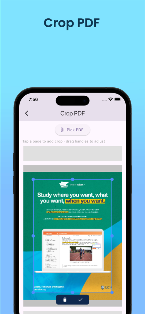 Sejda Pro PDF Editor - Interfaz de la aplicación Sejda Pro mostrando la función Recortar PDF en un iPhone