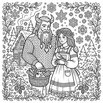 Discover a heartwarming blend of myth and rustic charm with this Frost Giants Cottagecore coloring page. Bring to life a cozy scene where elemental beings find peace in nature's embrace.