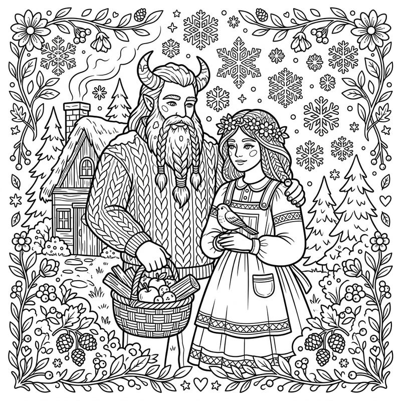 Discover a heartwarming blend of myth and rustic charm with this Frost Giants Cottagecore coloring page. Bring to life a cozy scene where elemental beings find peace in nature's embrace.