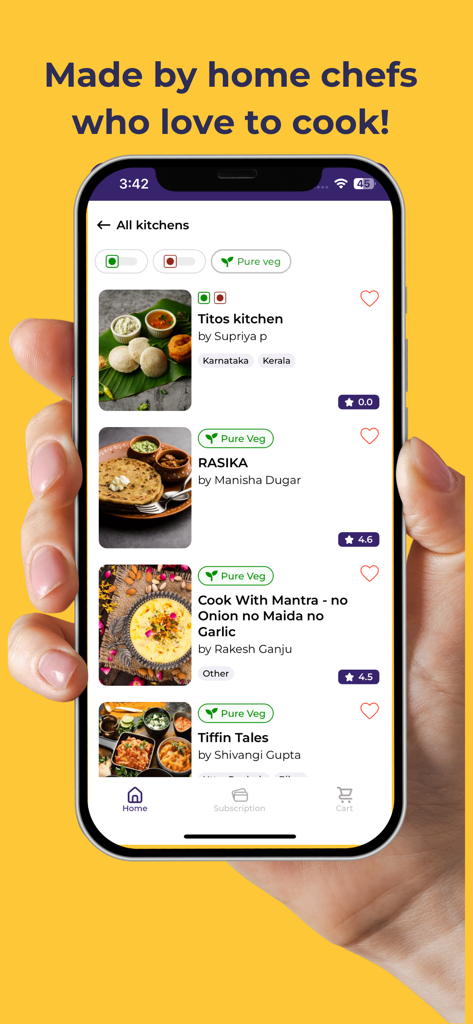 Homeal - Homeal mobile app interface showing a list of local home chefs and their kitchens offering traditional meals