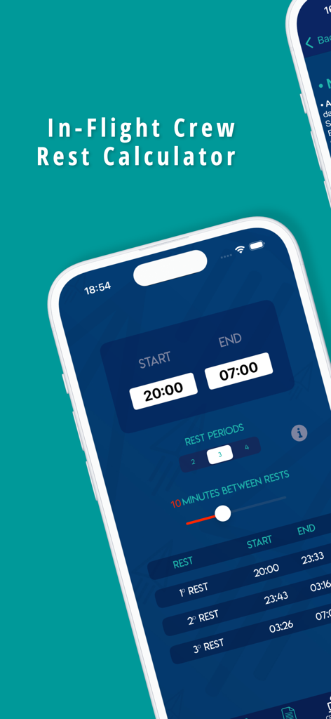 AeroTime Pro - Pantalla de la aplicación AeroTime Pro que muestra la calculadora de descanso de tripulación en vuelo con horas de inicio y fin para los períodos de descanso de los pilotos.