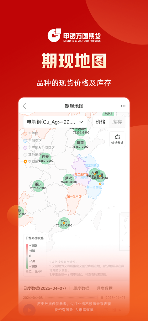 Shenwan Futures app interface showing a map with spot prices and inventory levels for commodities across China