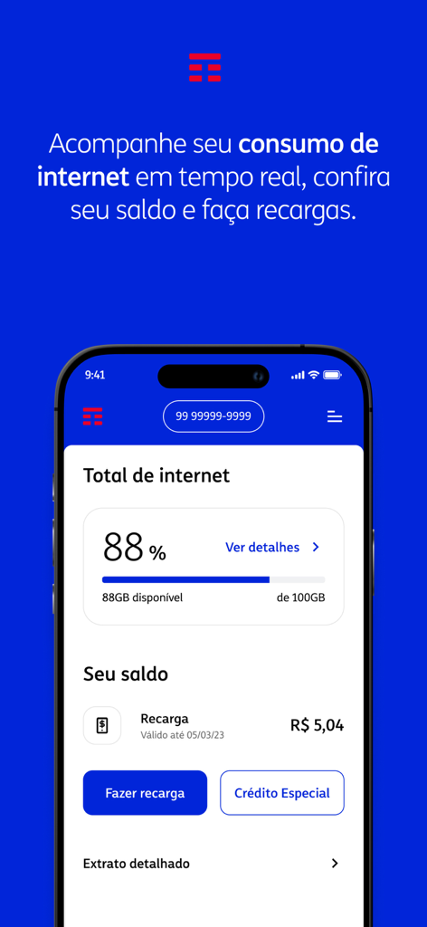Panel de la app Meu TIM mostrando el uso de datos de internet y el saldo prepago
