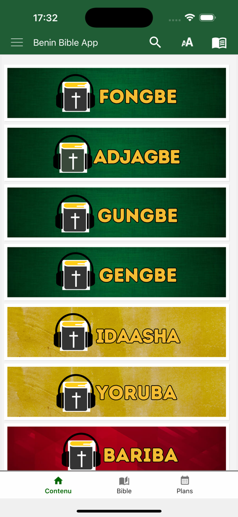 Benin Bible - Benin Bible app language selection screen showing available Beninese dialects like Fongbe and Yoruba.