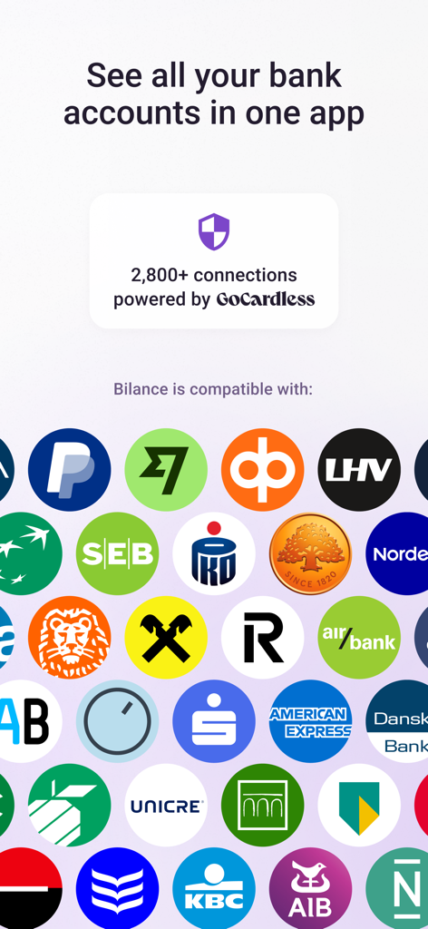 A collection of bank logos showing Bilance compatibility with over 2800 financial institutions