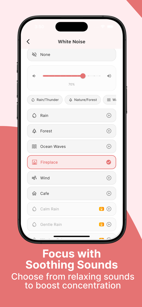 Pomolings - Pomodoro Timer - Pantalla de selección de ruido blanco de la aplicación Pomolings que muestra sonidos ambientales como lluvia y chimenea para enfocar.