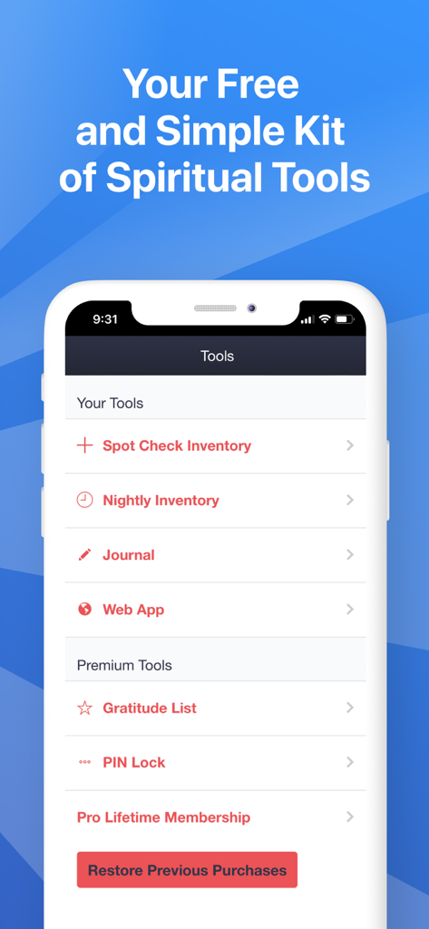 My Spiritual Toolkit AA Steps - Menu of recovery tools in the My Spiritual Toolkit app including Step 10 and 11 inventories