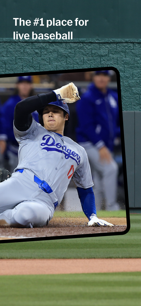 A Los Angeles Dodgers player sliding into a base with the caption The #1 place for live baseball.