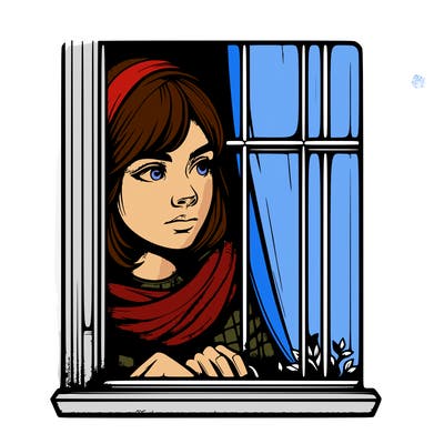 realistic girl looking out of a window