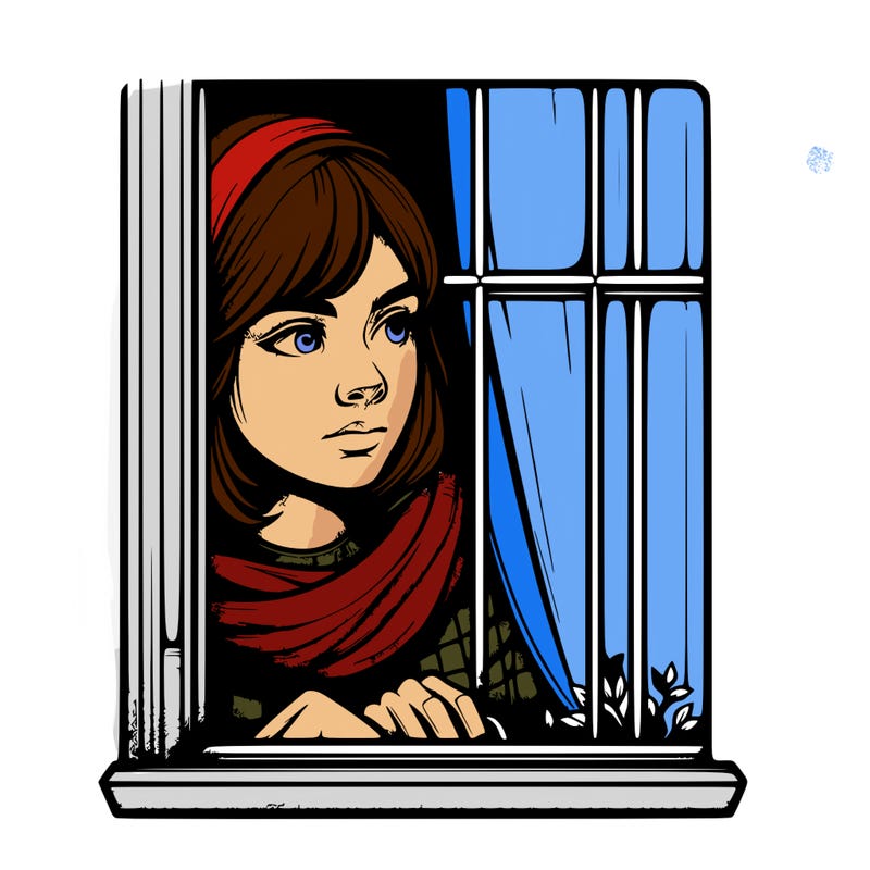 realistic girl looking out of a window