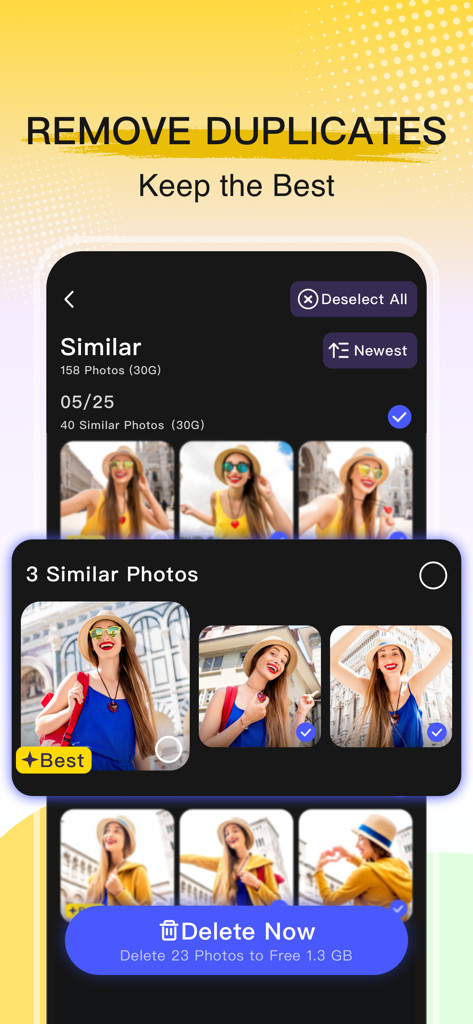 Quick Cleaner app interface showing similar photo detection and storage cleanup with a delete duplicates button