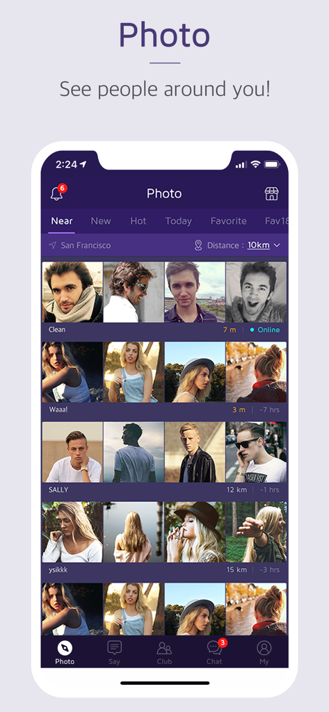 1km -New relationships, Groups - Interfaz de la aplicación 1km que muestra una cuadrícula de fotos para ver a personas a tu alrededor en San Francisco