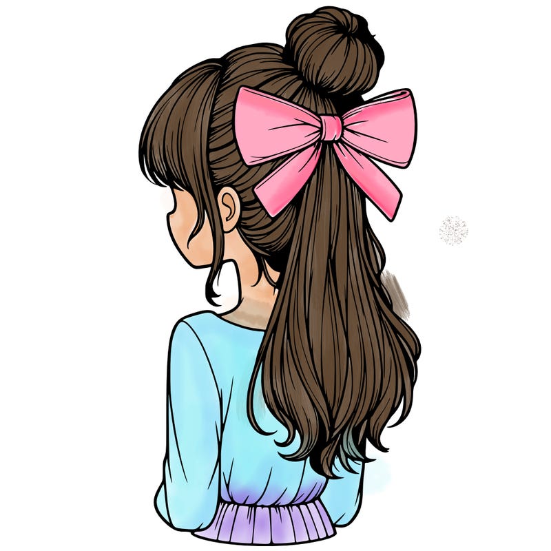 realistic girl  with hip length hair a bun and a big bow on the back of head