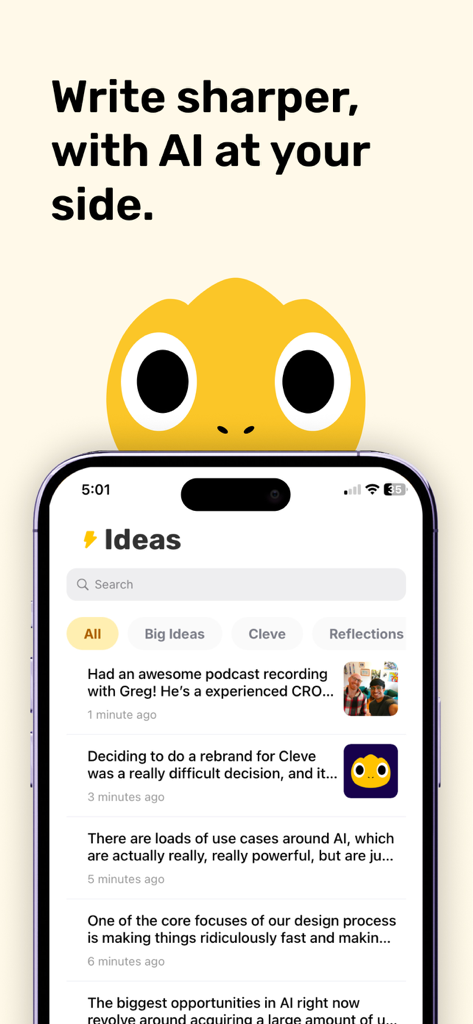 Smartphone screen displaying the Cleve app Ideas dashboard for AI content management