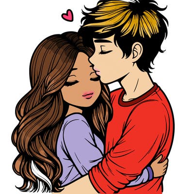 a realistic couple boy and girl hugging and kissing