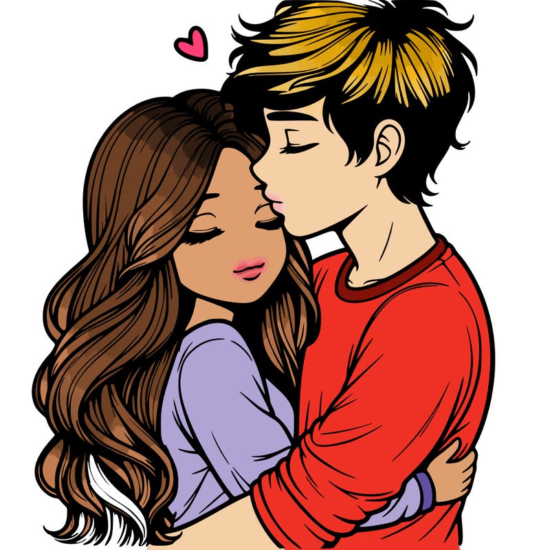 a realistic couple boy and girl hugging and kissing