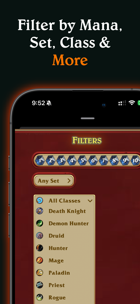 FindStone - HS Card Companion - Interface of the FindStone app showing card filters for mana cost and Hearthstone classes.