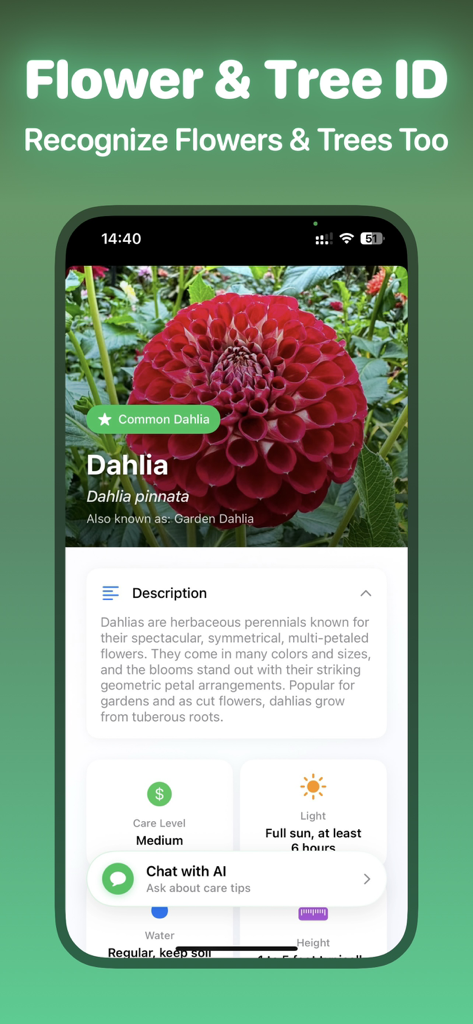 Leafify: Plant Identifier - Leafify app screen displaying identification details and care instructions for a Dahlia flower