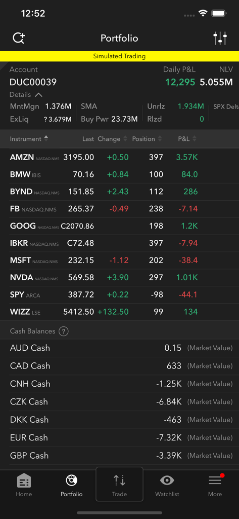 A professional portfolio view in the Derayah Global app showing various stock positions and multi-currency cash balances.