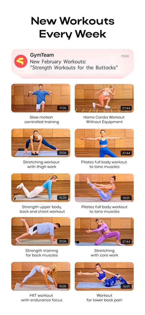 Una cuadrícula de varios videos de ejercicios en casa en la app GymTeam, incluyendo cardio, pilates y estiramientos