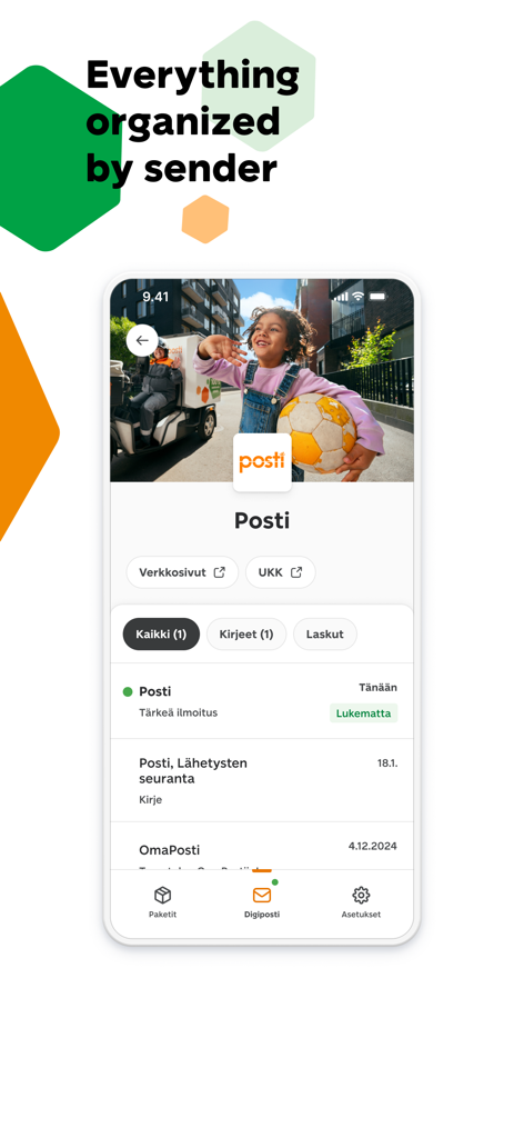 OmaPosti - OmaPosti mobile app interface showing digital mail and notifications organized by sender.