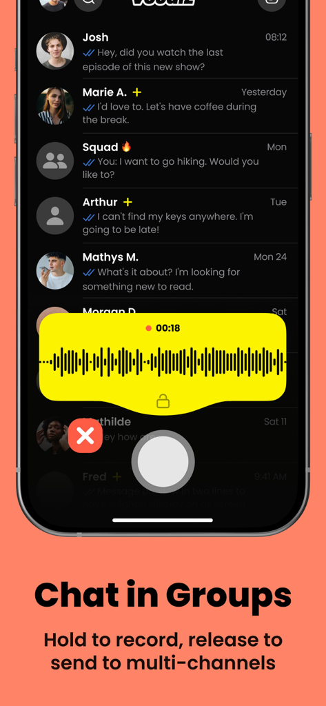 Vocalz app interface showing group chats and a yellow voice recording overlay