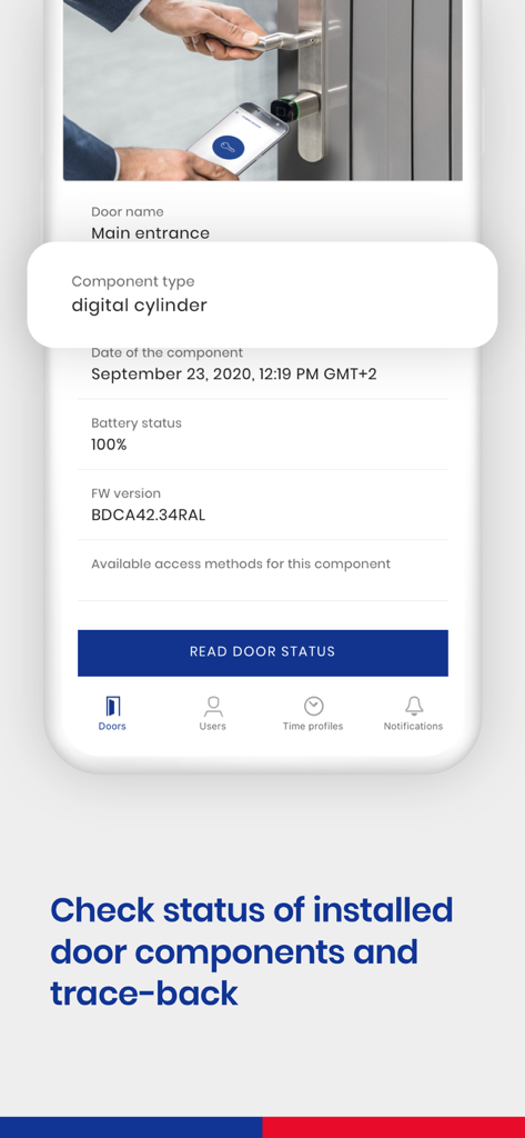 Interfaz de la aplicación dormakaba evolo smart mostrando el estado y los detalles de una cerradura de puerta con cilindro digital.