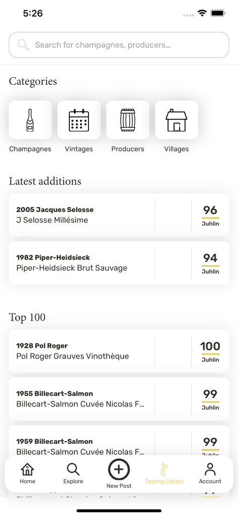Interfaz de la aplicación Champagne Club que muestra categorías de champán y calificaciones de expertos