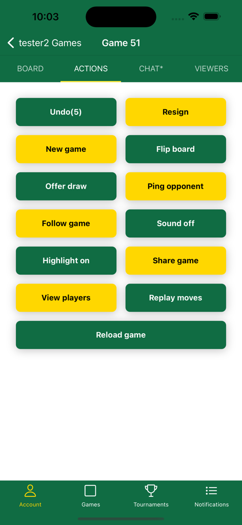 AfroDraught - AfroDraught app screen displaying in game actions like resign offer draw and replay moves