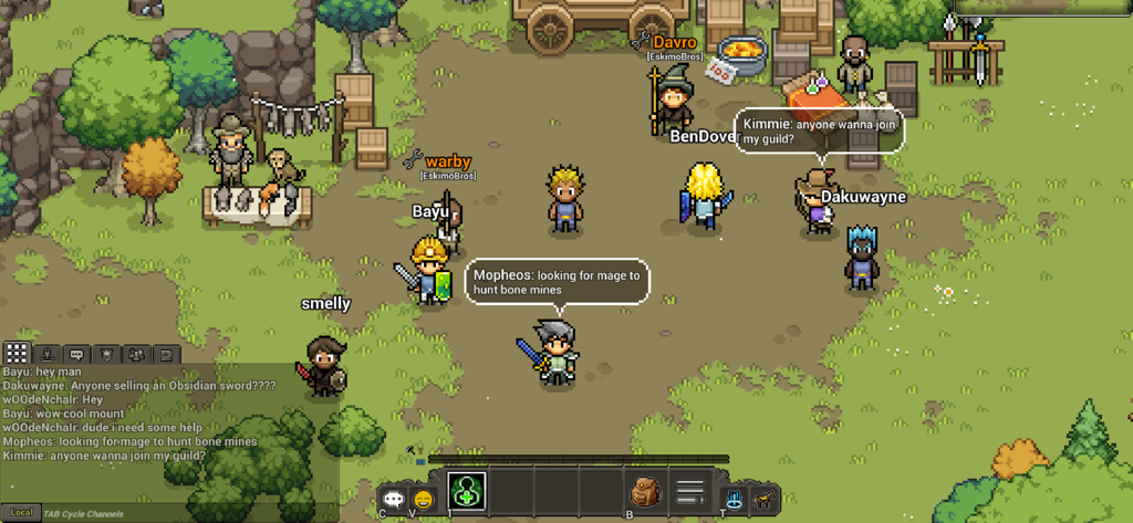 Personagens em pixel art interagindo e conversando em um campo gramado dentro do MMORPG Heartwood Online.
