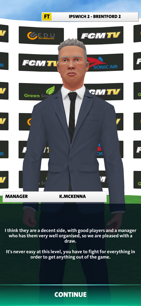 A post-match interview scene in Soccer Club Management 2025 showing a manager character and match result text