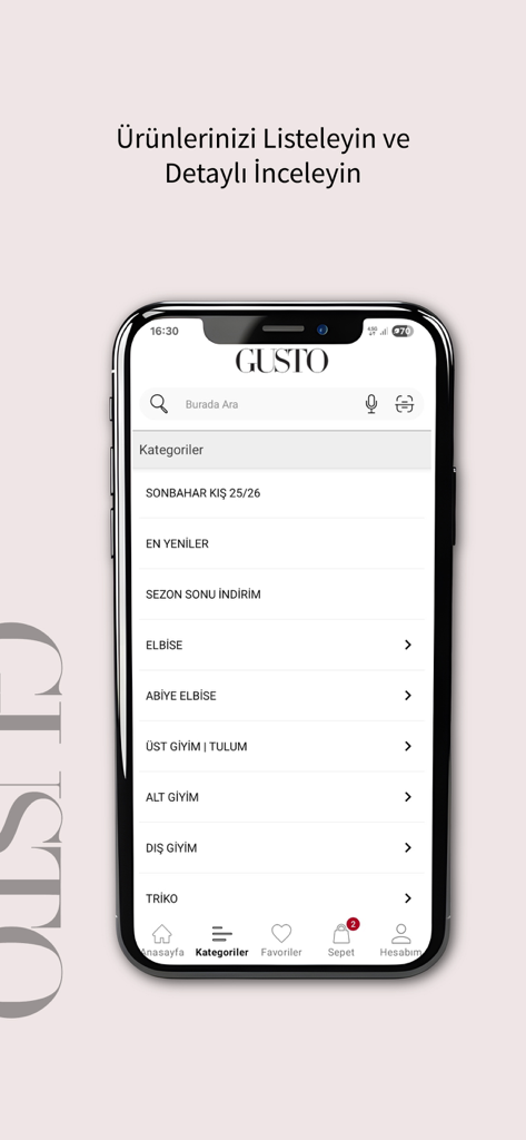 Gusto - Gusto mobile app showing women's fashion categories menu.