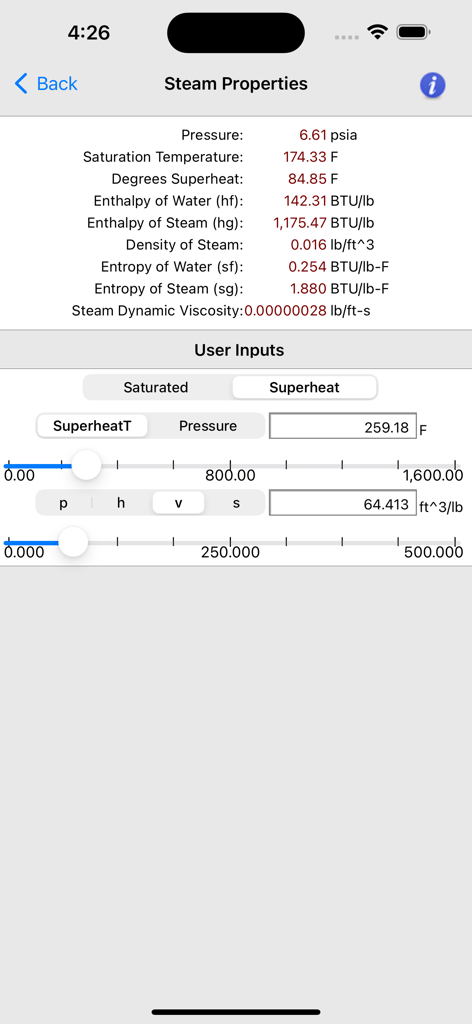 Steam Tables mobile app interface showing calculated steam properties and user input sliders for superheated steam