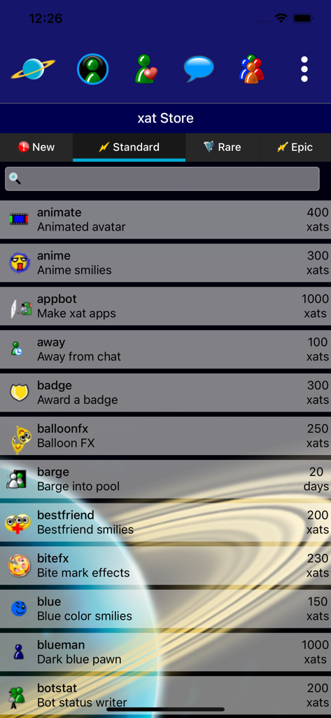 Interface of the xat store showing digital powers like animated avatars and anime smilies for purchase