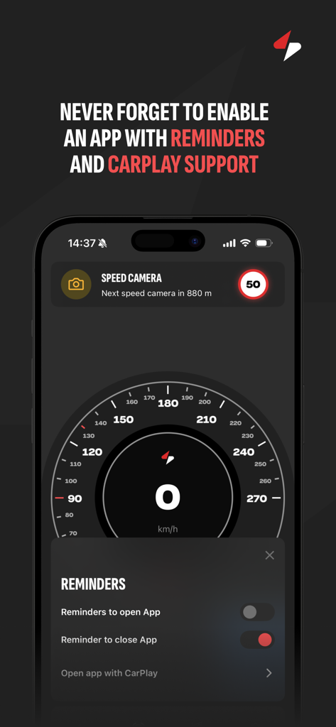 Speedster 앱 인터페이스는 속도 카메라 알림과 CarPlay로 앱을 여는 미리 알림 메뉴를 보여줍니다.