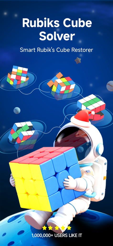 Cube Solver - 3D Cube Timer - Promotional image for Rubiks Cube Solver app featuring an astronaut holding a large cube in a space background