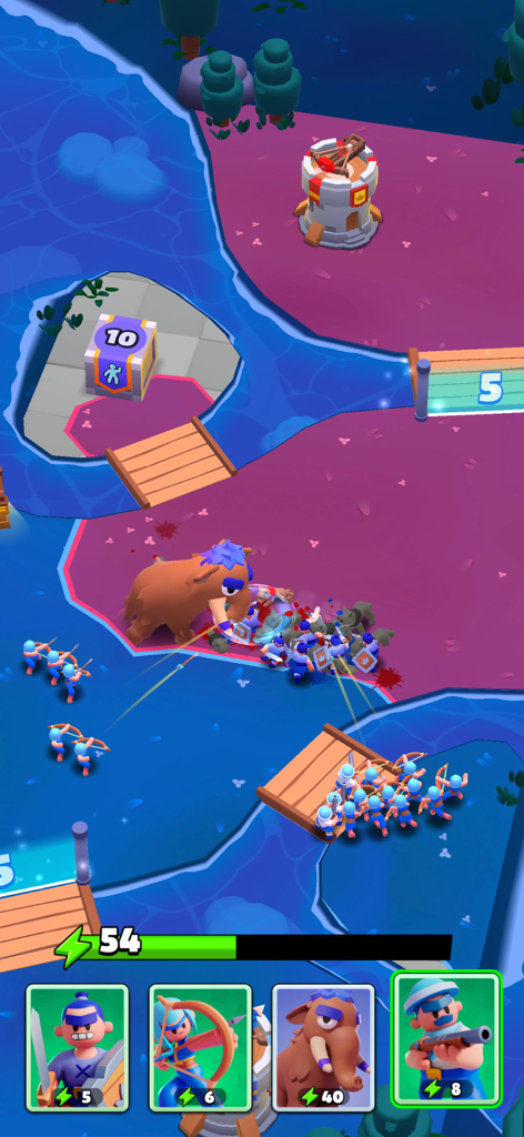 Gameplay screenshot of Draw Arena Battle Tactics showing a mammoth and archers in a real-time combat scenario.