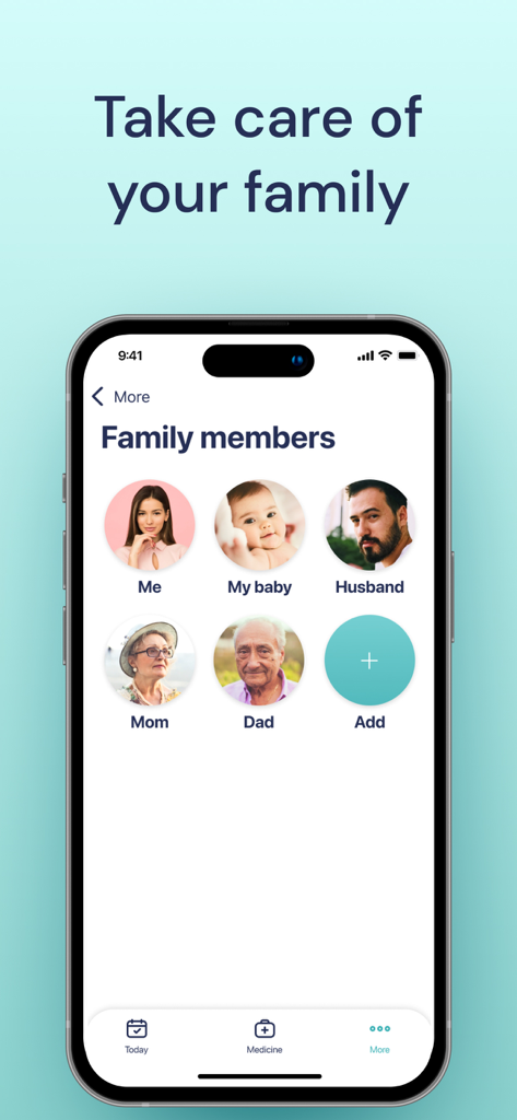 Interface do aplicativo Pill Reminder mostrando perfis de rastreamento de medicamentos para vários membros da família, incluindo bebê, marido e pais