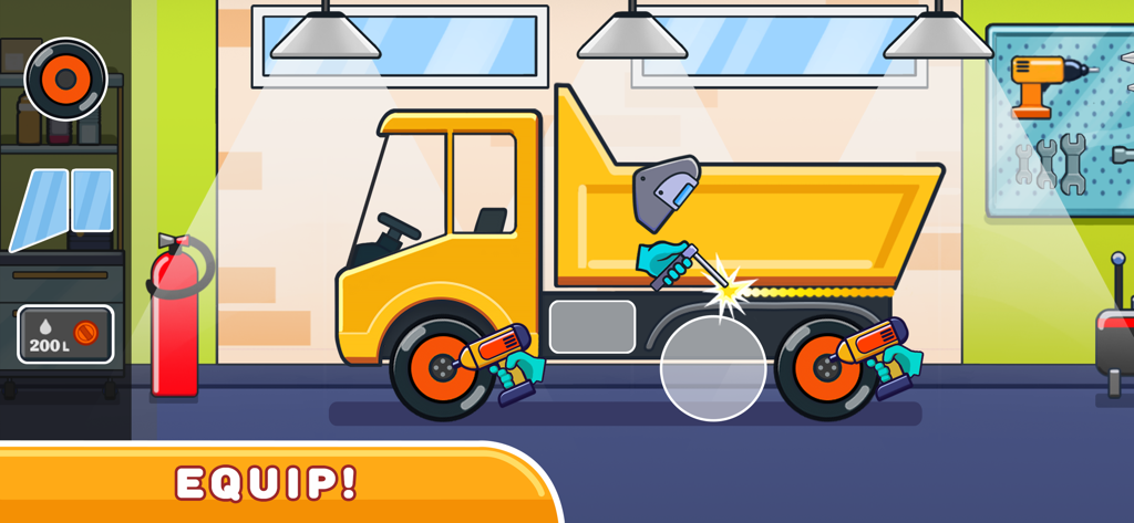 Yellow dump truck being repaired with tools in a cartoon workshop