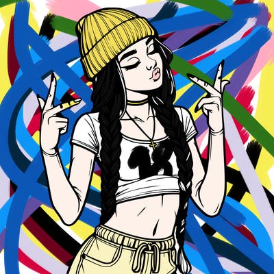 realistic teenage girl with braids and a beanie and crop top doing 🫶🏼